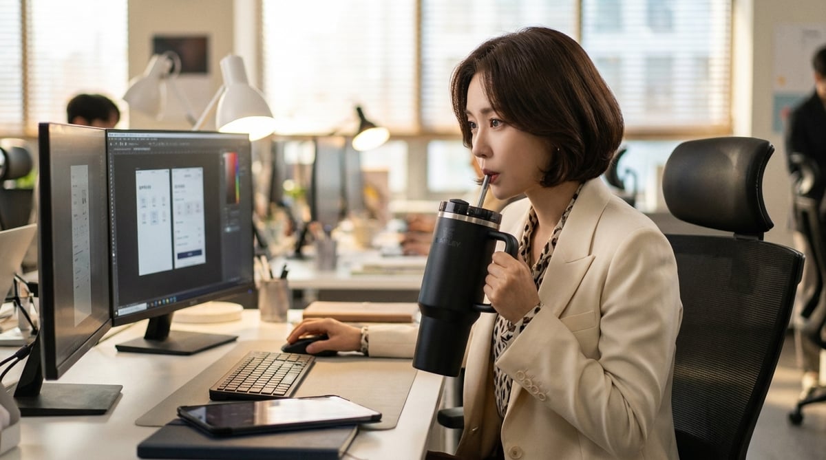 오후 사무실에서 모니터를 보며 책상 위 대용량 텀블러의 빨대로 물을 마시는 직장인 여성