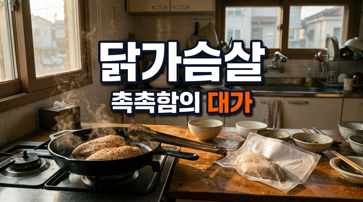 새벽 부엌에서 무쇠팬에 닭가슴살 두 덩이를 굽는 장면과 옆에 뜯어놓은 스팀 닭가슴살 진공포장