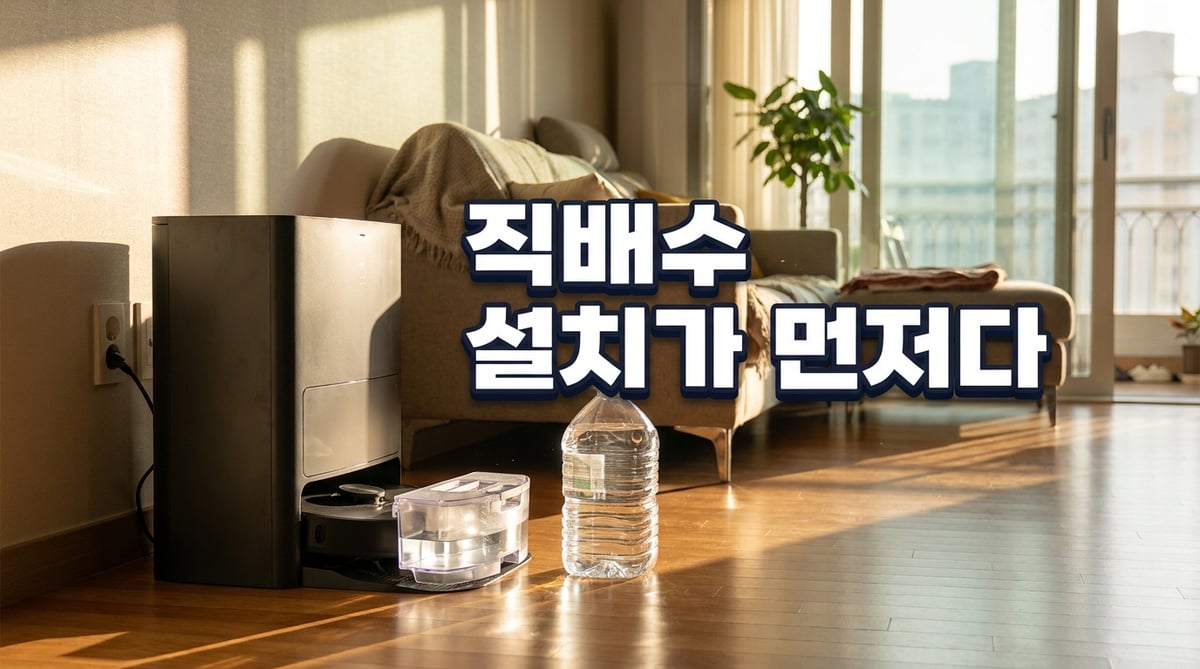 로봇청소기 스테이션 옆에 4L 물통이 놓인 거실