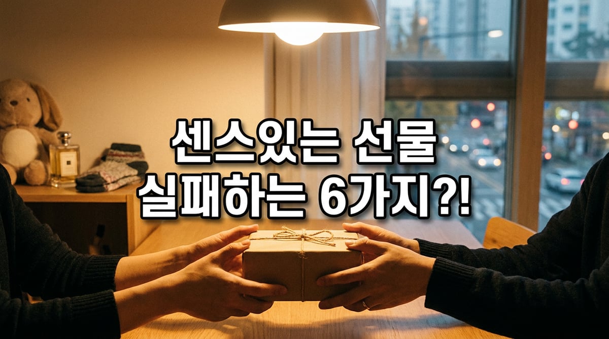 저녁 식탁에서 두 사람이 리본 묶은 선물 상자를 주고받는 손, 뒤편 선반에 인형과 향수와 양말