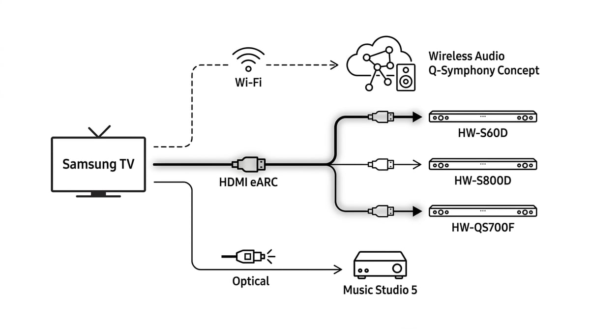 삼성 TV와 사운드바 HDMI eARC Wi-Fi 옵티컬 연결 구조