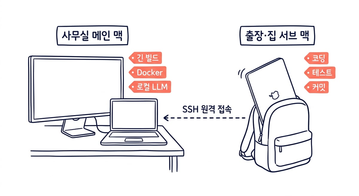 사무실 메인 맥은 긴 빌드·Docker·로컬 LLM, 출장·집 서브 맥은 코딩·테스트·커밋을 맡고 SSH 원격 접속으로 연결하는 구성도