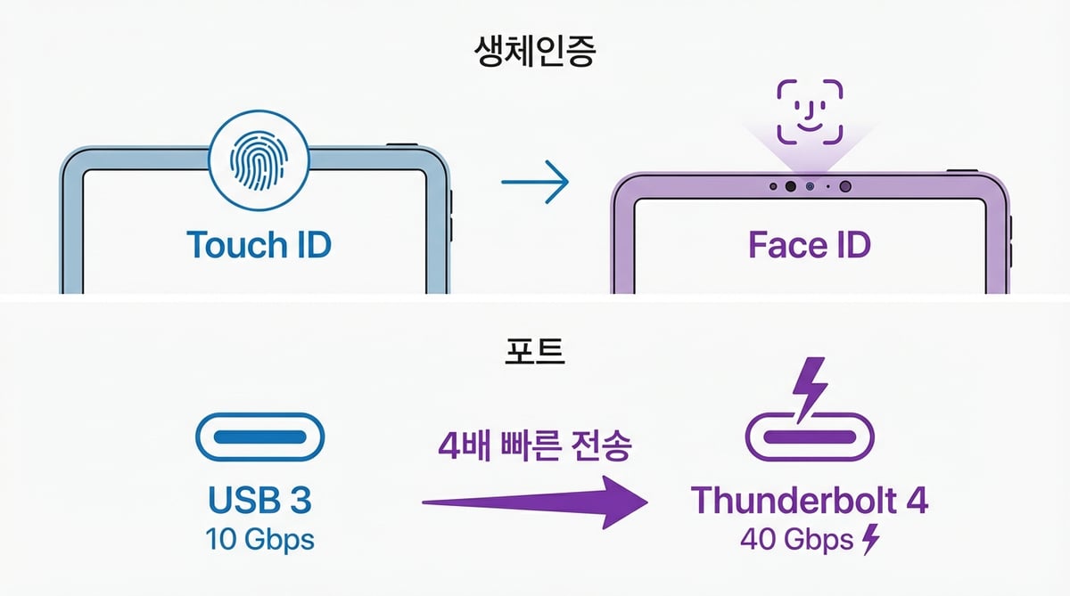 Touch ID vs Face ID 생체인증 비교, USB 3(10Gbps) vs Thunderbolt 4(40Gbps) 포트 비교 인포그래픽