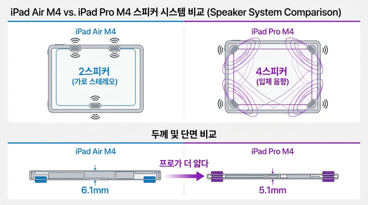 아이패드 에어 M4 2스피커 6.1mm vs 아이패드 프로 M4 4스피커 5.1mm 두께 및 사운드 비교 인포그래픽