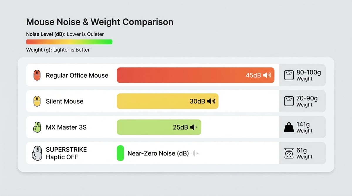 일반 마우스, 무소음 마우스, MX Master, 지슈스(햅틱 OFF)의 소음 레벨과 무게를 비교한 인포그래픽