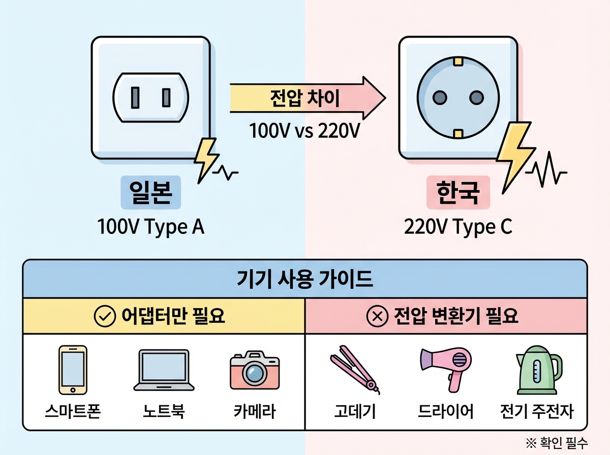 일본 100V vs 한국 220V 전압 차이 비교 인포그래픽 — 프리볼트 기기와 220V 전용 기기 구분표