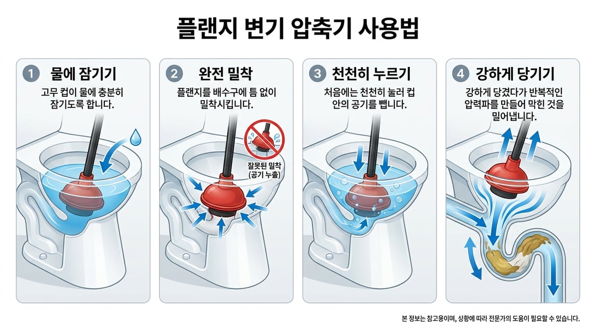 뚫어뻥을 물에 잠기게 하고 배수구에 밀착해 사용하는 네 단계