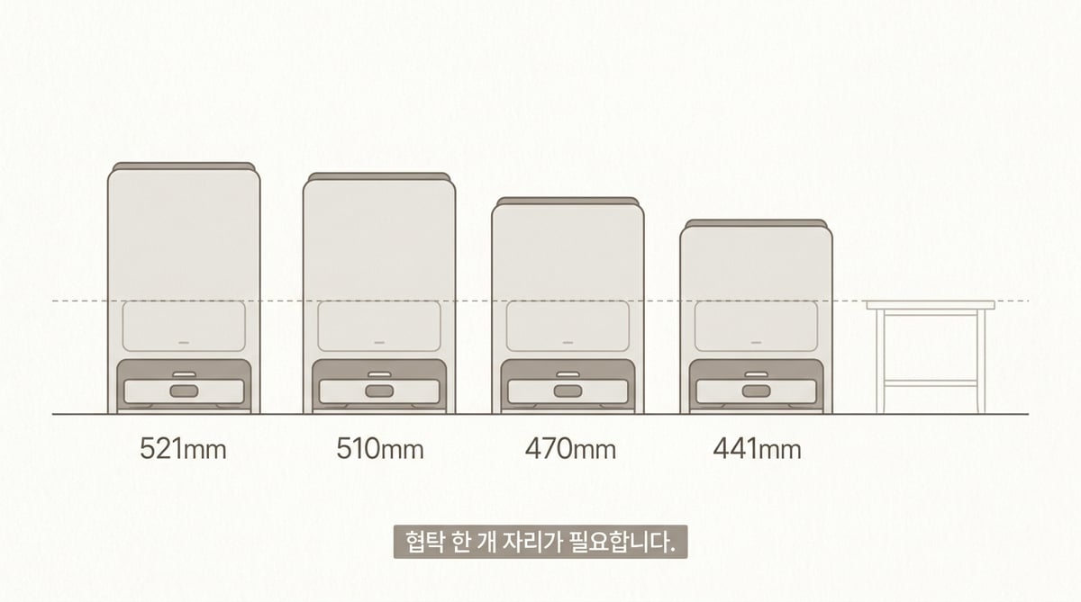 네 로봇청소기 스테이션의 높이를 상대 축척으로 비교한 인포그래픽