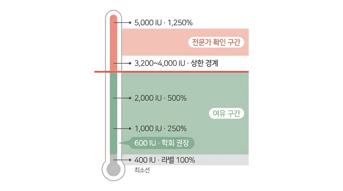 비타민D 섭취량을 세로 눈금으로 표시한 인포그래픽. 400IU 최소선부터 3200~4000IU 상한 경계까지