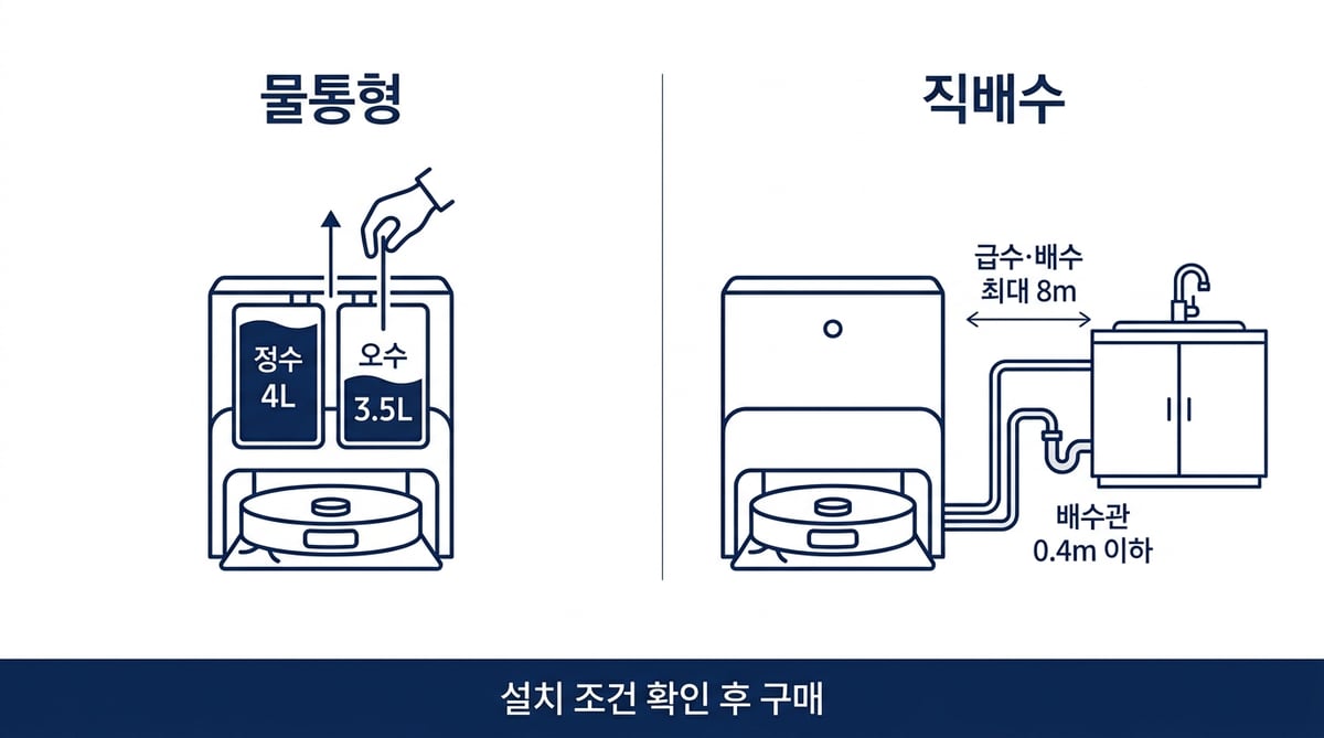 물통형과 직배수형 로봇청소기 스테이션의 물 처리 구조를 비교한 인포그래픽