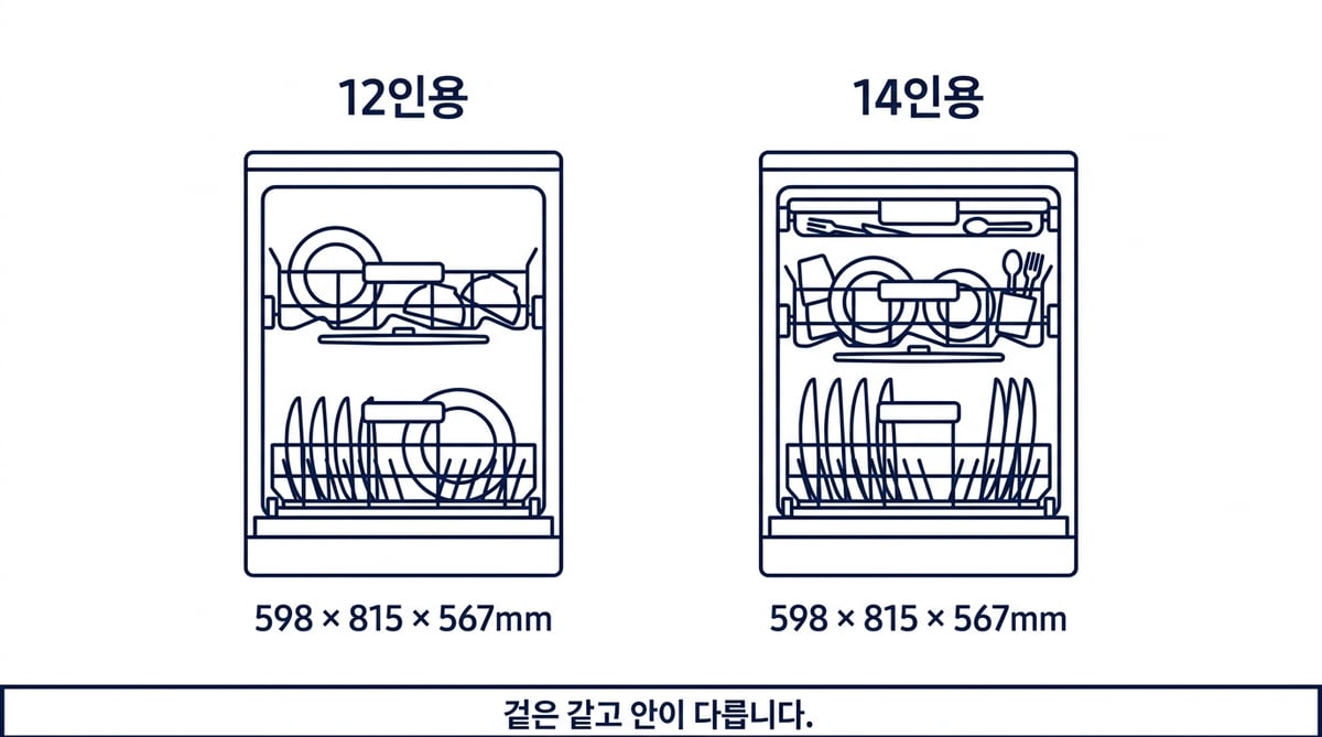 12인용과 14인용 식기세척기의 외형 치수가 같고 내부 선반 수만 다름을 보여주는 인포그래픽