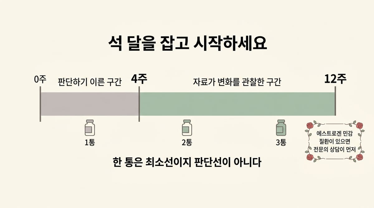 갱년기 영양제의 인체적용시험 관찰 기간 4주에서 12주를 표시한 타임라인