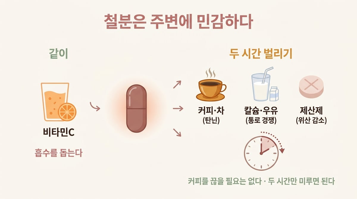 철분제와 같이 먹으면 좋은 것과 시간을 벌려야 하는 것을 정리한 인포그래픽
