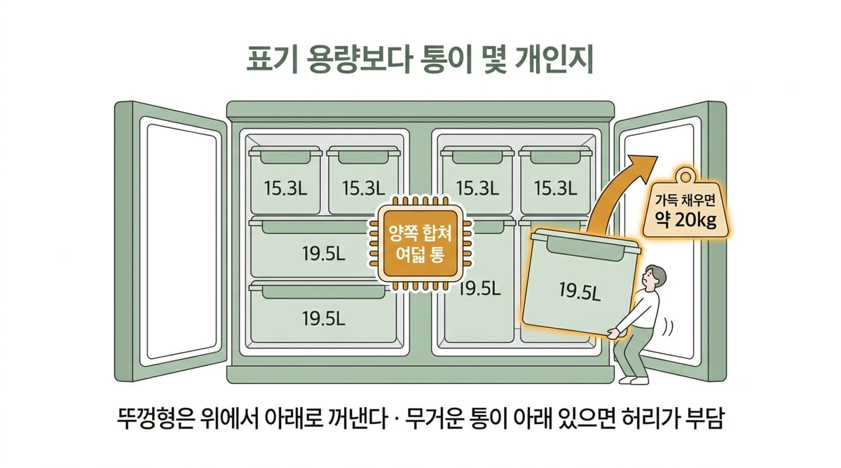 김치냉장고 저장용기 구성과 통 무게를 표시한 인포그래픽