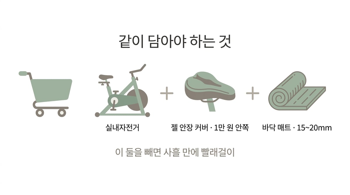실내자전거 구매 시 함께 준비해야 할 품목을 정리한 인포그래픽
