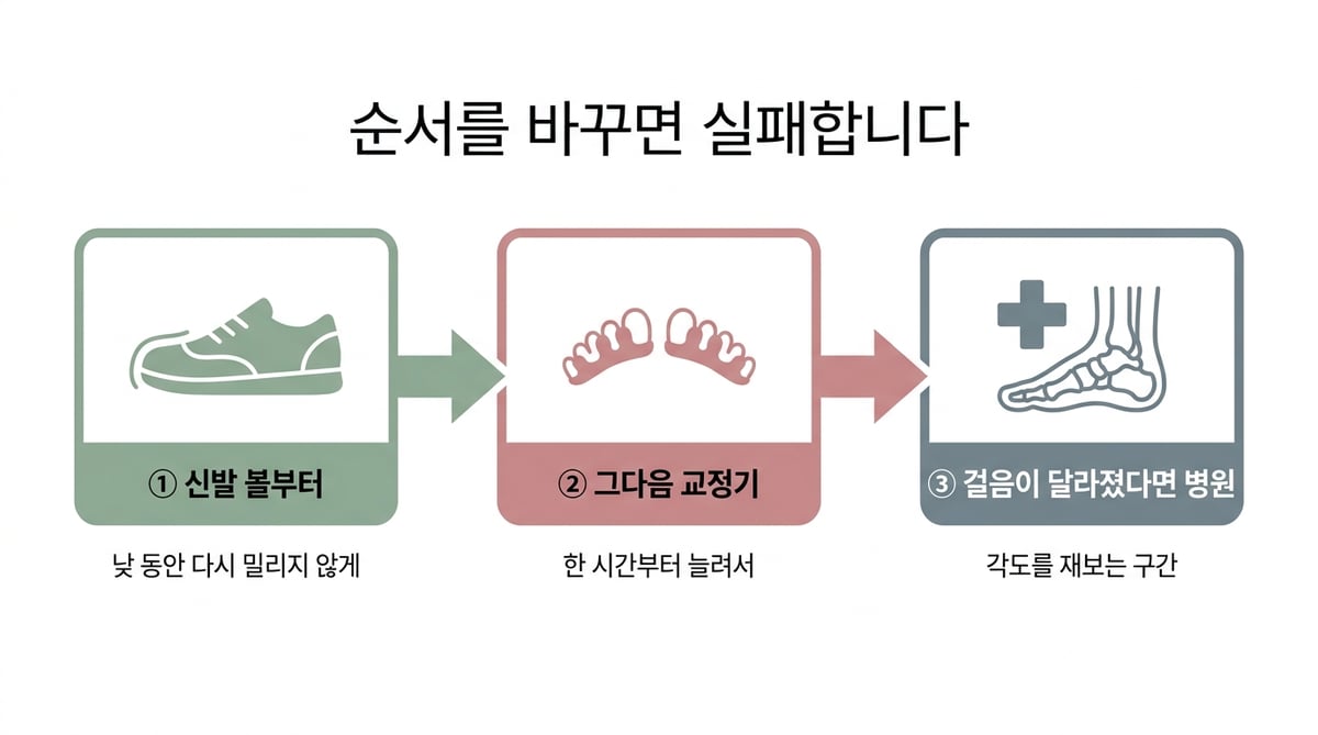 신발, 교정기, 병원 순서를 정리한 3단계 인포그래픽