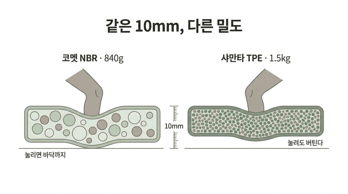 같은 10mm 두께의 NBR 매트와 TPE 매트 단면을 비교한 인포그래픽