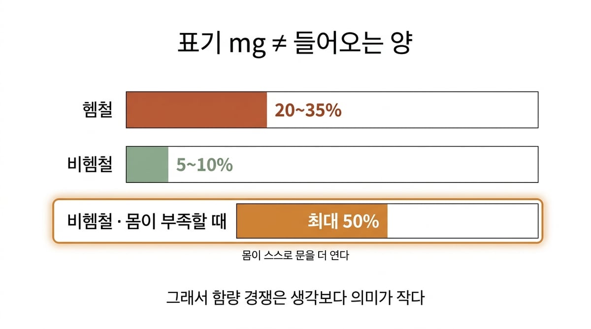 헴철과 비헴철의 흡수율 차이, 그리고 부족할 때 흡수율이 올라가는 것을 보여주는 그래프