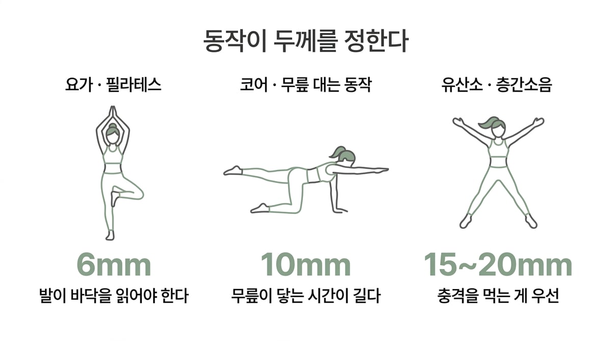 운동 종류별 적정 요가매트 두께를 정리한 인포그래픽