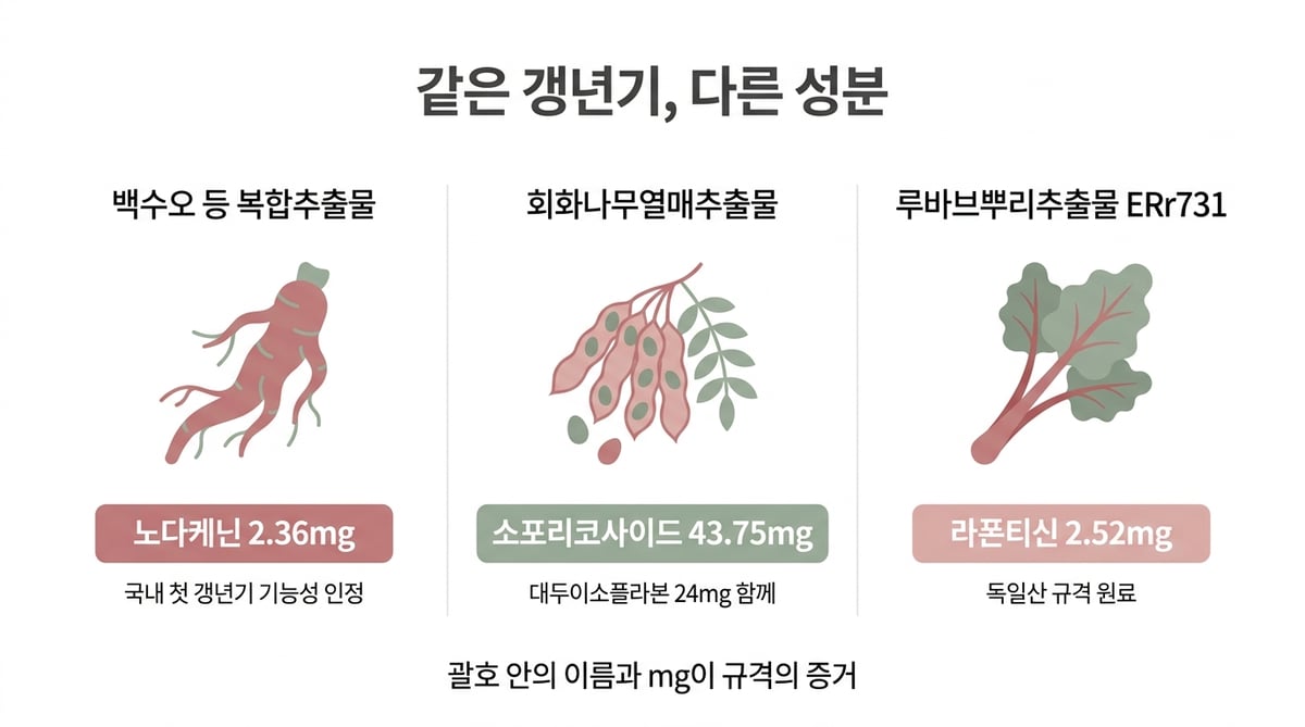 백수오 복합추출물, 회화나무열매추출물, 루바브뿌리추출물의 지표성분을 비교한 인포그래픽