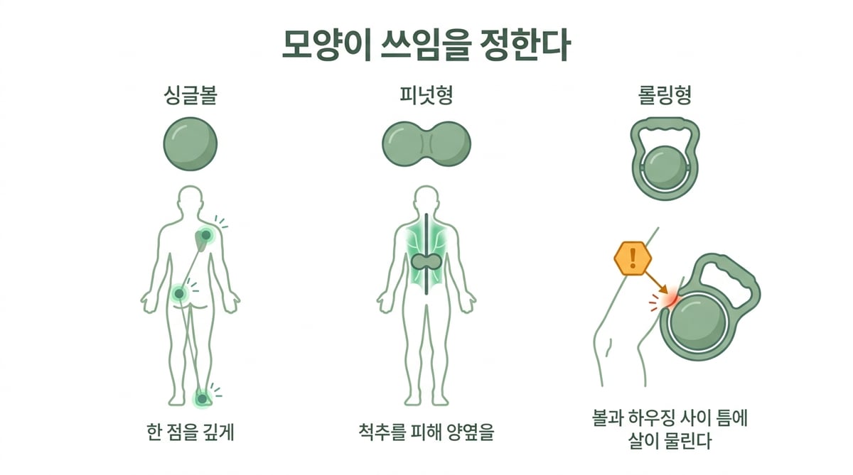 싱글볼·피넛형·롤링형 마사지볼의 형태별 쓰임을 비교한 인포그래픽