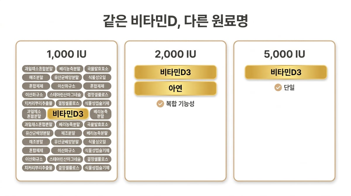1000·2000·5000 IU 비타민D 제품의 원료명 구성을 비교한 인포그래픽