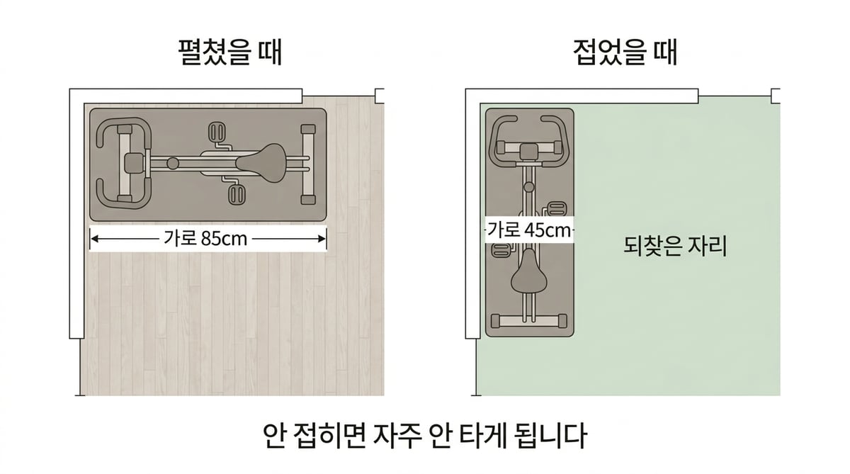 실내자전거를 펼쳤을 때와 접었을 때 차지하는 바닥 면적을 비교한 평면도 인포그래픽