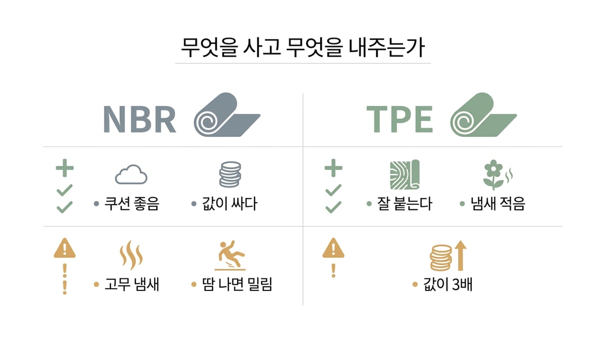 NBR 소재와 TPE 소재의 장단점을 비교한 인포그래픽