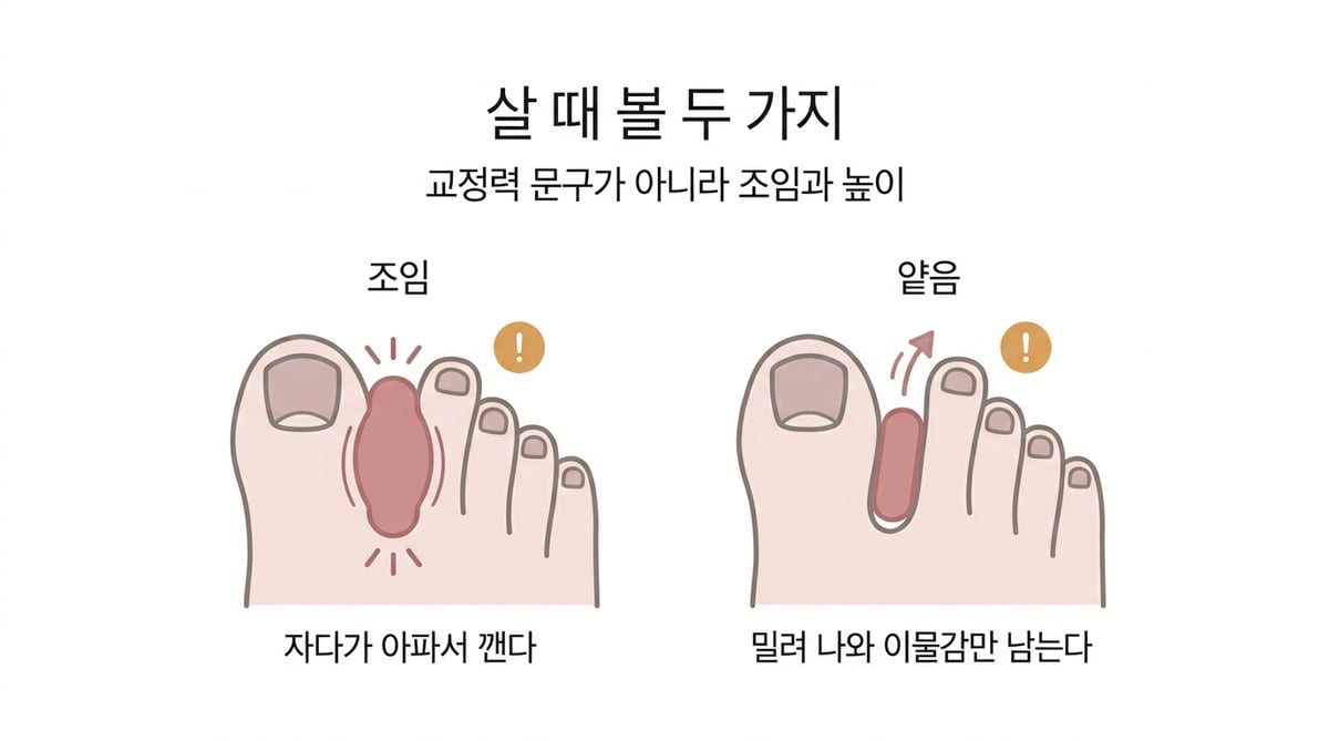 교정기가 조이거나 얕아서 실패하는 두 가지 경우를 그린 인포그래픽