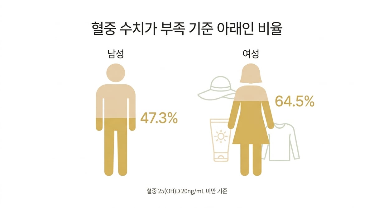 한국 성인 남녀의 비타민D 부족 비율을 비교한 인포그래픽. 남성 47.3퍼센트, 여성 64.5퍼센트