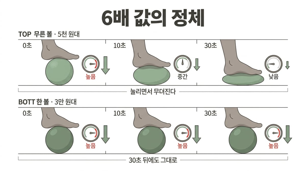 무른 볼과 단단한 볼이 30초 동안 눌릴 때 압력이 어떻게 달라지는지 비교한 인포그래픽