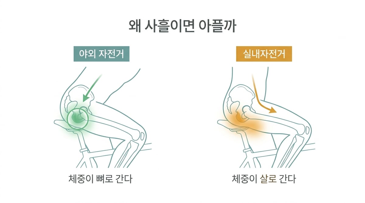 야외 자전거와 실내자전거에서 체중이 실리는 지점이 어떻게 달라지는지 비교한 인포그래픽