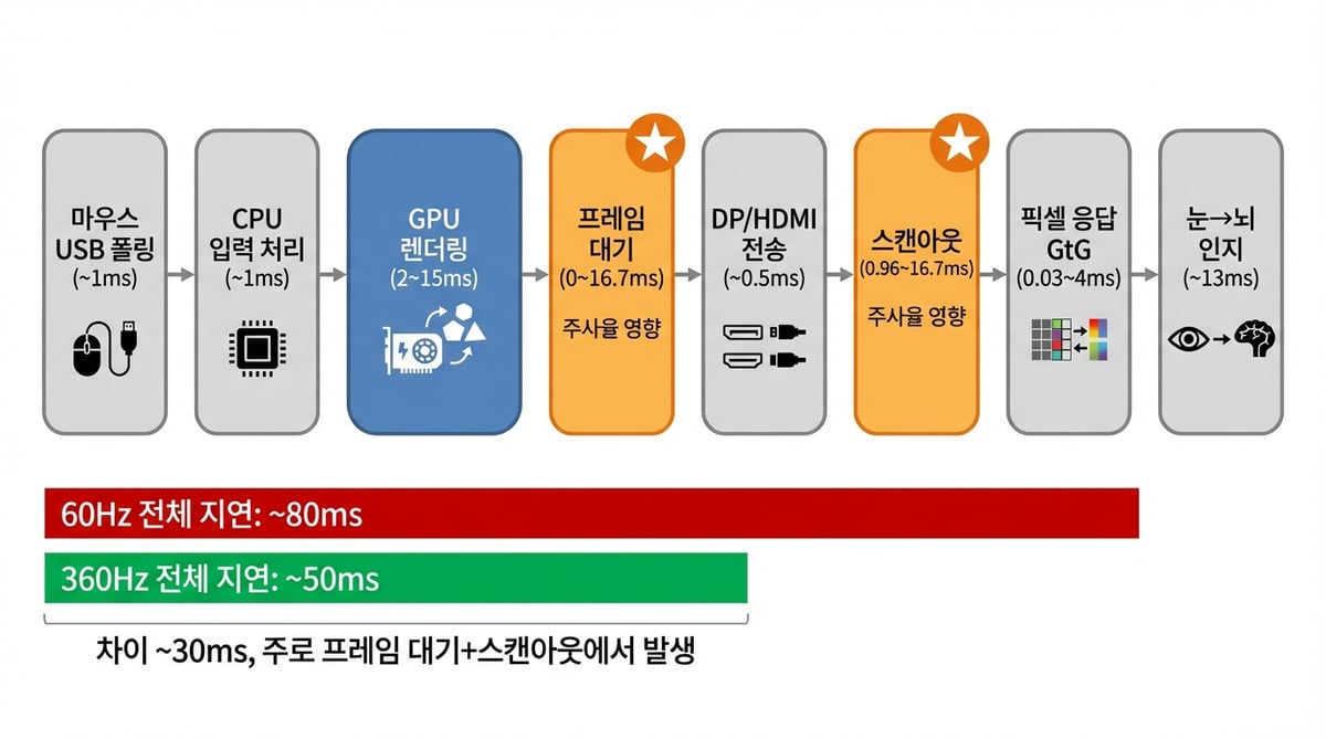 마우스 클릭부터 눈 인지까지 8단계 인풋랙 파이프라인을 플로우차트로 보여주는 인포그래픽