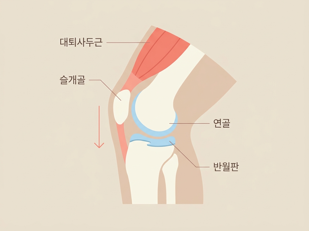 무릎 관절 구조 인포그래픽. 대퇴사두근, 슬개골, 연골, 반월판의 위치와 하산 시 아래로 실리는 하중을 표시한 단면 일러스트