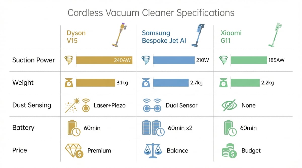 무선청소기 흡입력과 먼지감지 기술 차이를 보여주는 인포그래픽