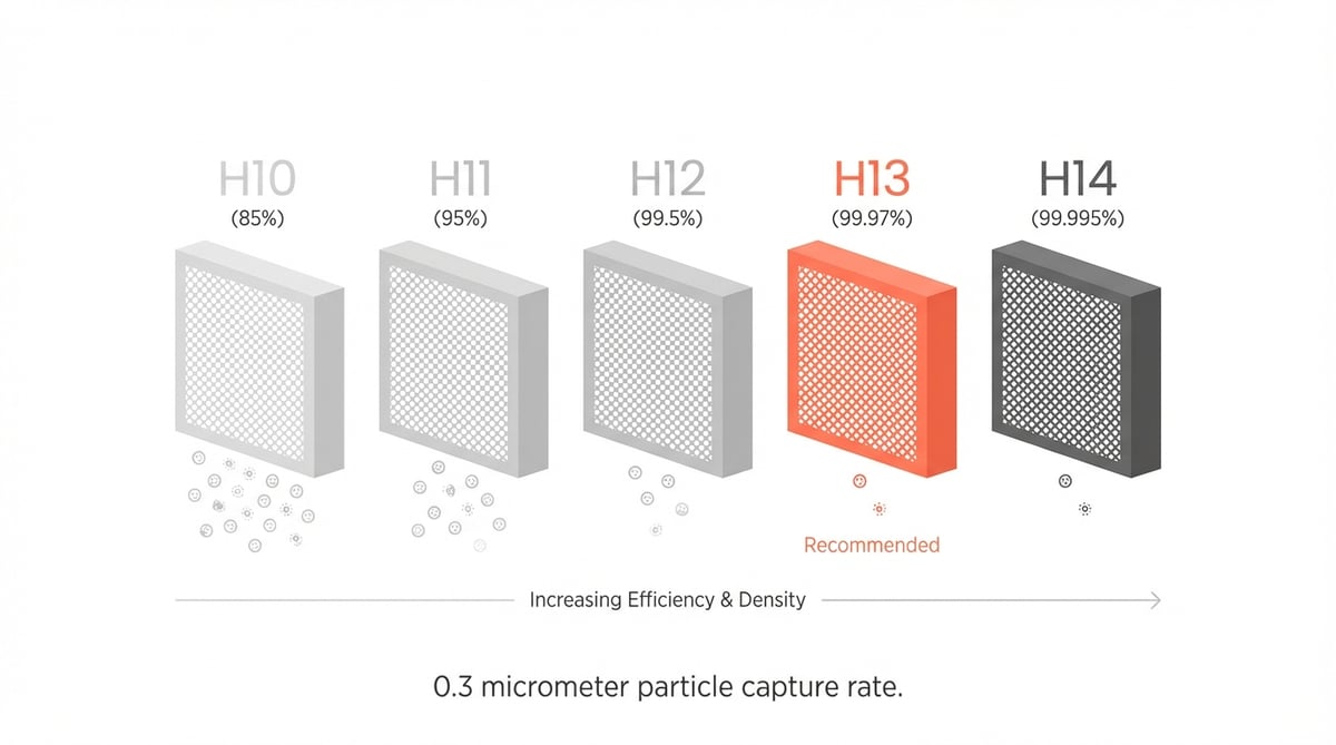 H11, H12, H13, H14 HEPA 필터의 미세먼지 포집률을 비교한 인포그래픽