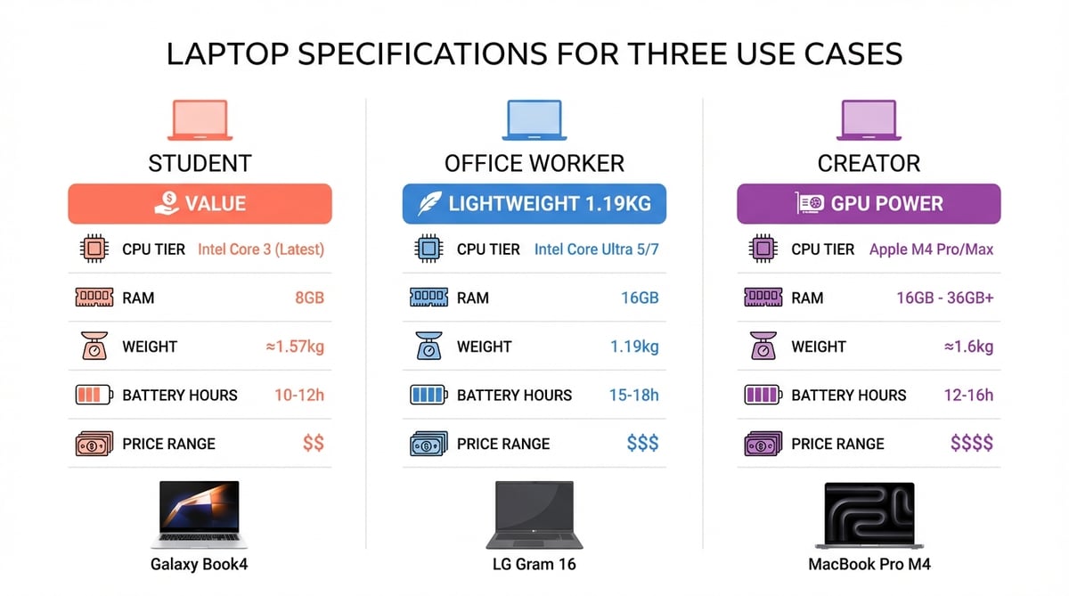 대학생, 직장인, 크리에이터 용도별 노트북 권장 스펙을 비교한 인포그래픽