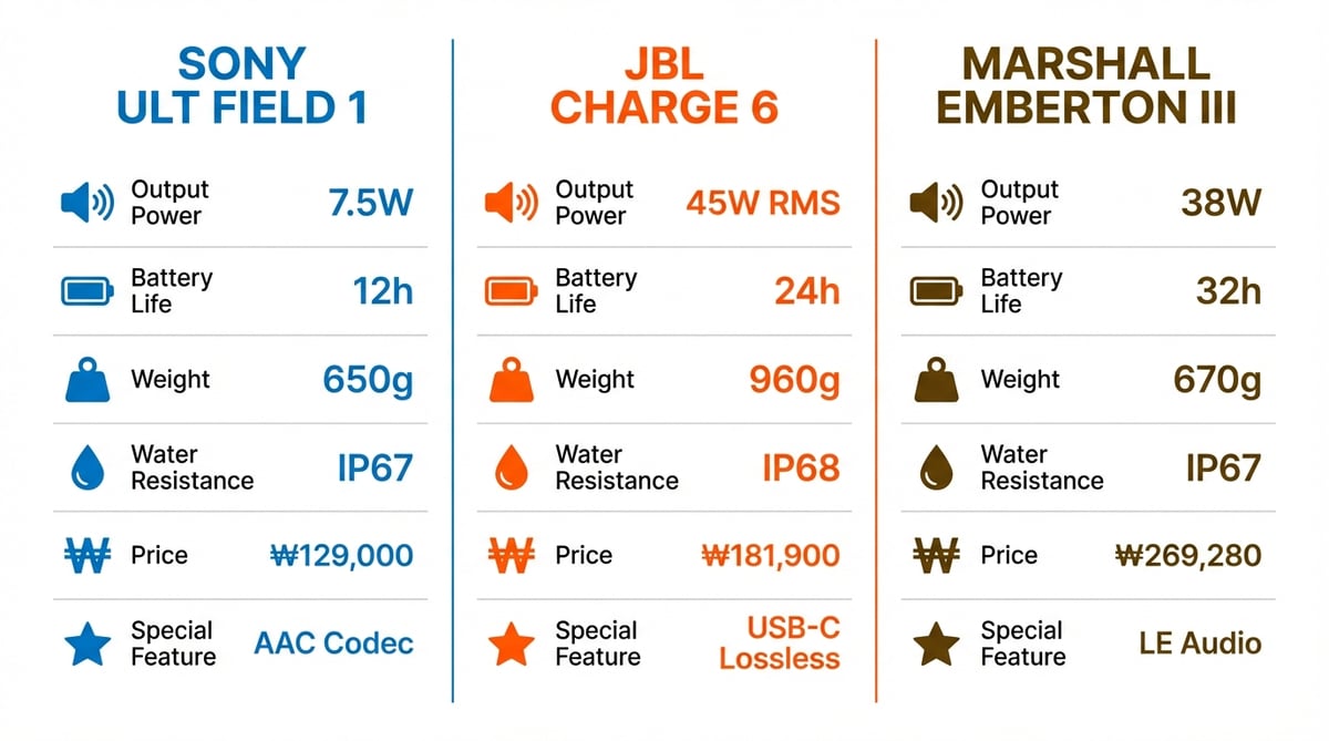 소니 ULT FIELD 1(7.5W, IP67, 12시간), JBL Charge 6(45W RMS, IP68, 24시간), 마샬 엠버튼 III(38W, IP67, 32시간) 핵심 스펙 비교 인포그래픽