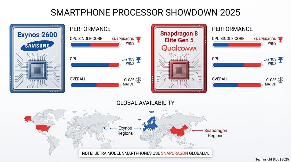 엑시노스 2600 vs 스냅드래곤 8 Elite Gen 5 프로세서 성능 비교 인포그래픽과 지역별 탑재 현황 세계 지도