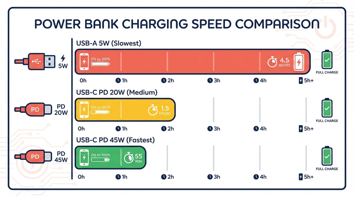 USB-A 5W, USB-C PD 20W, USB-C PD 45W 보조배터리 충전 속도를 비교하는 인포그래픽