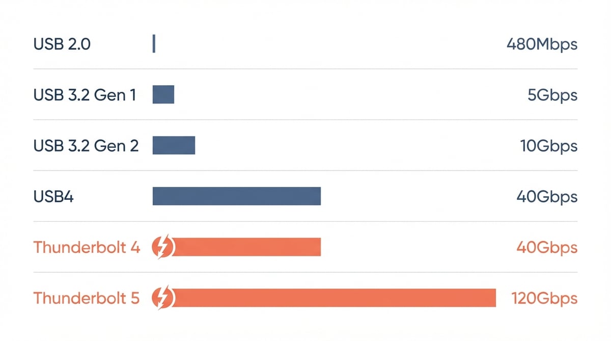 USB와 썬더볼트 전송 속도 비교 차트