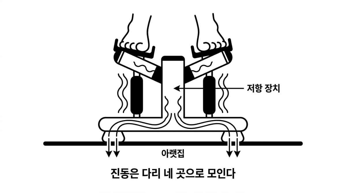 스텝퍼의 저항 장치에서 생긴 진동이 프레임을 타고 다리 네 곳으로 모여 아래층으로 전달되는 경로를 그린 도해