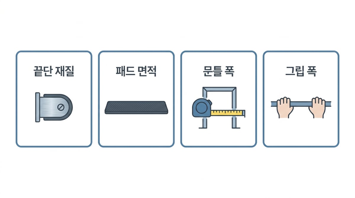 문틀철봉 확인 항목 네 가지를 카드로 정리한 도해. 끝단 재질, 패드 면적, 문틀 폭, 그립 폭