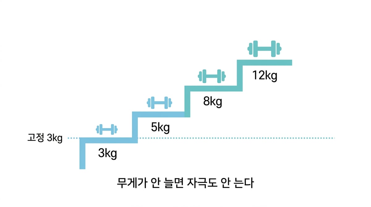 3kg에서 12kg까지 계단처럼 올라가는 덤벨 무게와 3kg에 머무는 점선을 비교해 점진적 과부하를 보여주는 도해