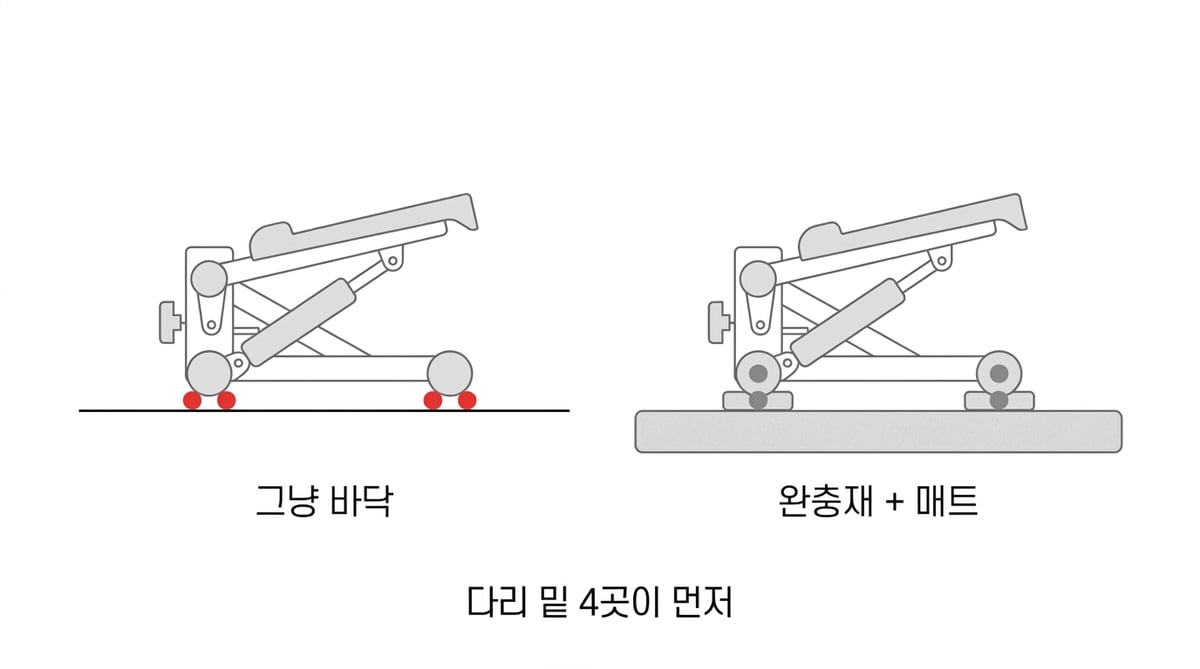맨바닥에 놓인 스텝퍼와 다리 밑 완충 패드에 매트까지 겹친 스텝퍼를 비교한 도해