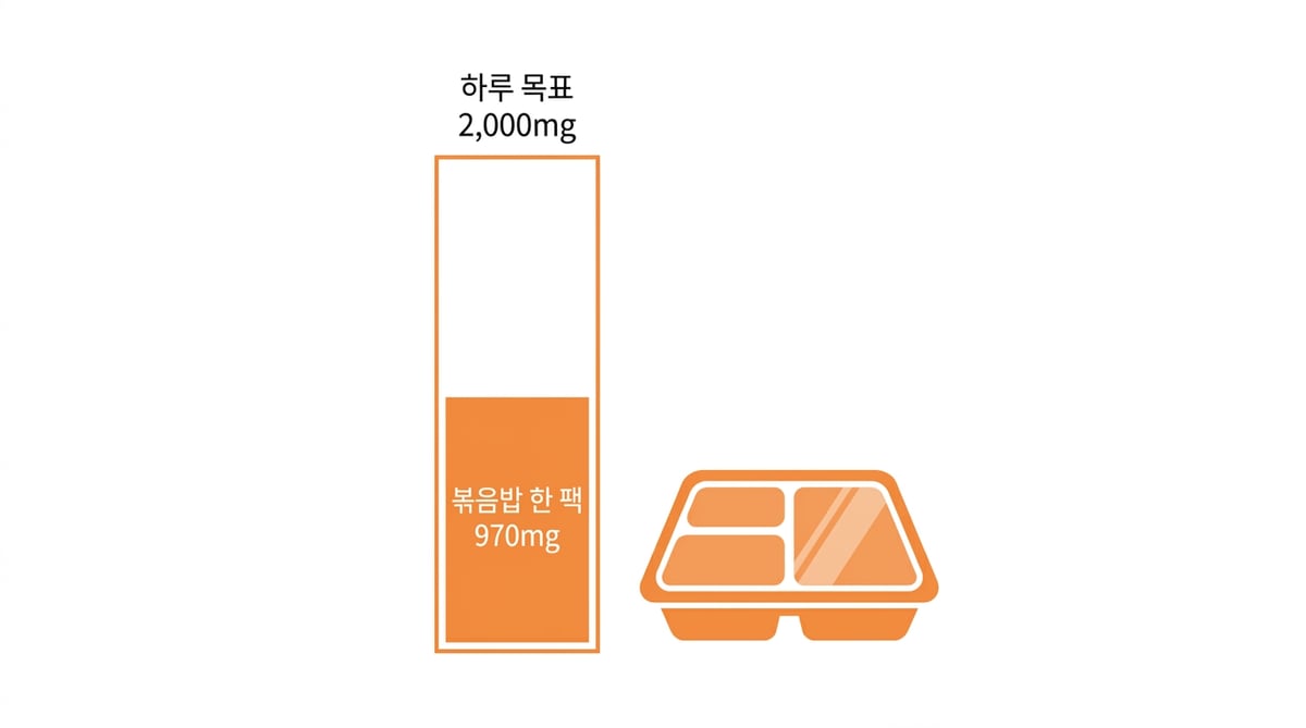 하루 나트륨 목표 2,000mg 막대 안에 볶음밥 한 팩 970mg이 절반 가까이 채워진 비교 그래프