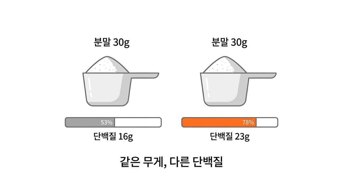 분말 30g 두 스쿱이 각각 단백질 16g(53%)과 23g(78%)을 담고 있음을 막대로 비교한 도해