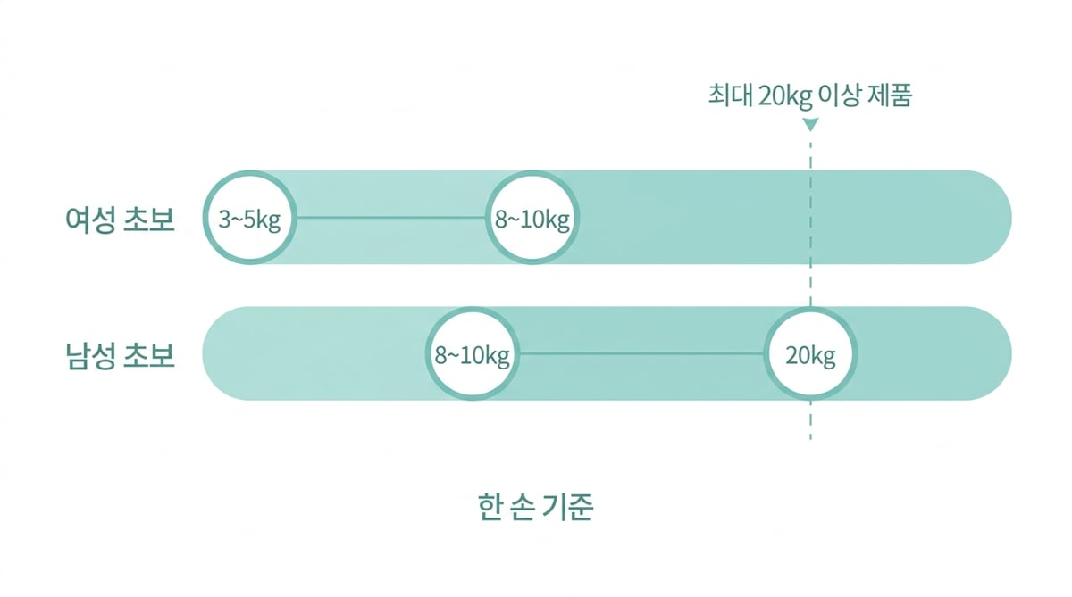 여성 초보 3~5kg에서 8~10kg, 남성 초보 8~10kg에서 20kg까지 한 손 기준 시작 무게 범위를 보여주는 도해