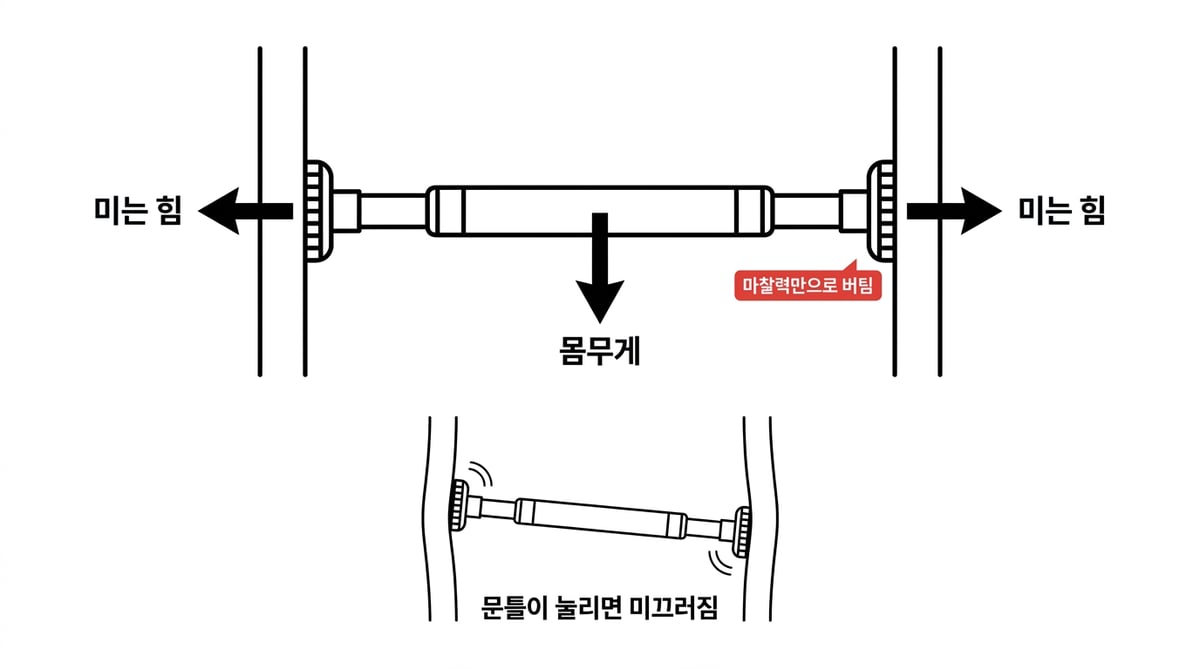 문틀철봉 단면도. 양 끝 패드가 문틀을 미는 힘과 가운데 몸무게가 아래로 걸리는 방향, 문틀이 눌리면 봉이 미끄러지는 구조를 그린 도해