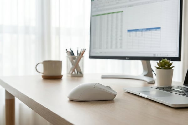 깔끔한 미니멀 사무실 책상 위에 놓인 흰색 무선 게이밍 마우스, 모니터와 커피잔이 함께 보이는 전문적인 사진